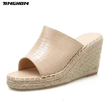 TINGHON Leisure PU Ladies Slipper Thick Hemp Rope Wedges 9CM High heels Slides Slippers Black Apricot Brown Round Toe Size 35-40 apricot contrast point toe pu heeled slippers