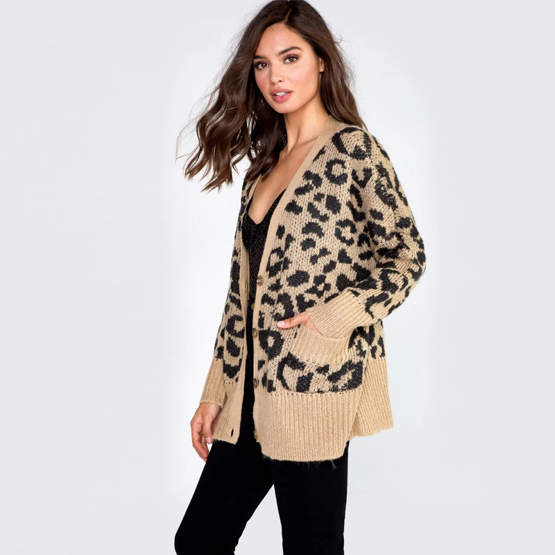 Women Leopard Cardigan Sweater V Neck Single Breasted New 2017 Ladies Leopard Knitting Pattern Cardigans Free Shipping