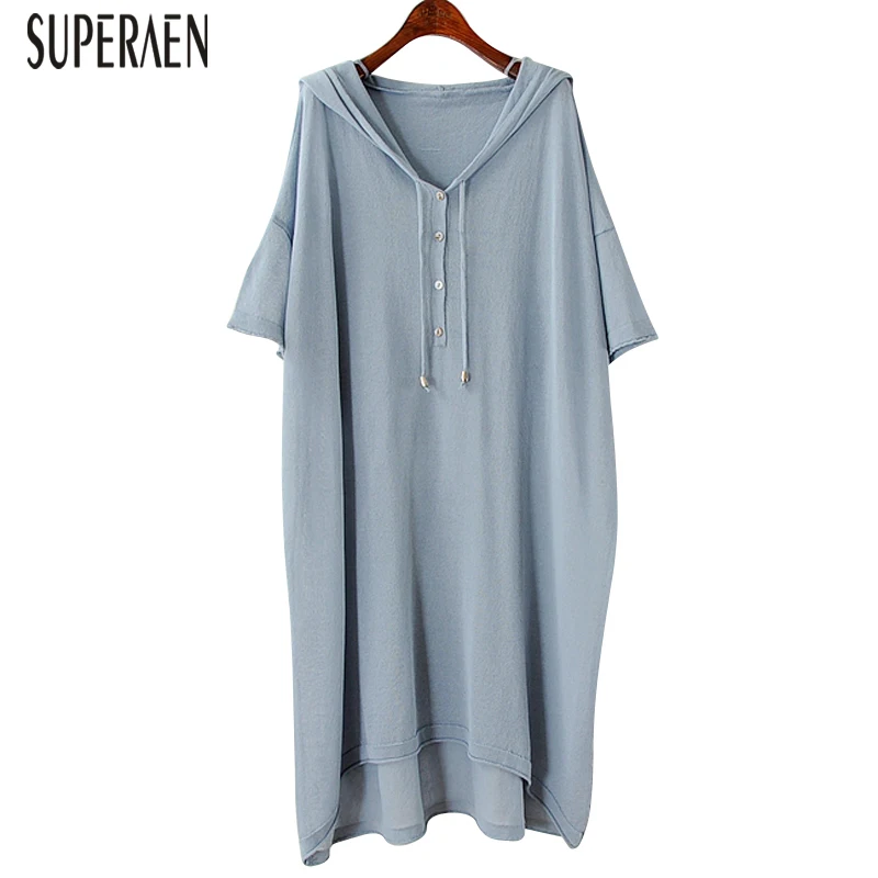 

SuperAen 2018 New Casual Dress Female Summer Hooded Short-sleeved Fashion Women Dress Solid Color Pluz Size Knitted Dress Women
