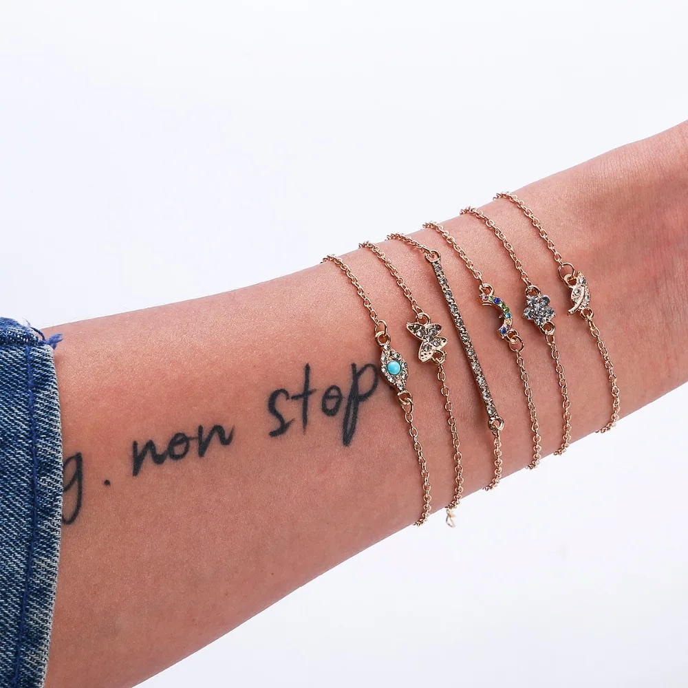 

6 Pcs/Set Punk Butterfly Eye Star Moon Leaf Crystal Shiny Gold Multilayer Chain Bracelet Set For Women Exquisite Party Jewelry