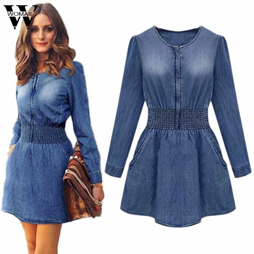 Kopen 2017 Vintage Lente Vrouwen Lange Mouwen Slim Casual Denim Jeans Party Mini Jurk vestidos Verbazingwekkende