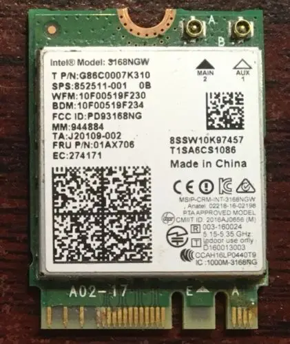 Карта для Intel 3168 AC 3168NGW Двухдиапазонная Беспроводная мини Wlan NGFF M.2 802.11ac Wifi Bluetooth 4,2 карта 2,4G 5Ghz для hp 852511