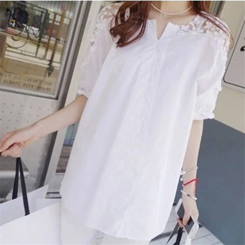 

Summer Women White Hollow out Blouse Cotton Solid Color Long Section Lace Shirt Tops Lace Stitching Elegant Shirt Plus Size 5XL