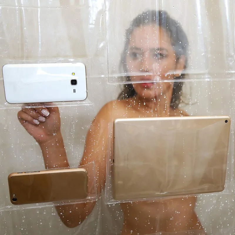 Günstige Multi funktionale Dusche Vorhang Telefon Tablet Halter Klar Dusche Vorhang mit Tasche für Touchscreen Geräte für Bad dusche