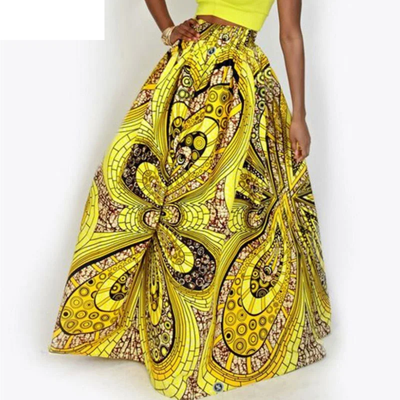 

Women Fashion Dashiki African Print High Waist Maxi Skirt Long Casual Tribal Floral big Swing Dashiki Skirts Ankara yellow green