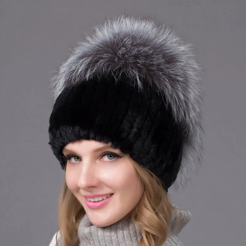

Real Rex rabbit fur hat female cotton lining knitted hat fashion winter warm thick ear cap silver fox fur flower ball THY-09