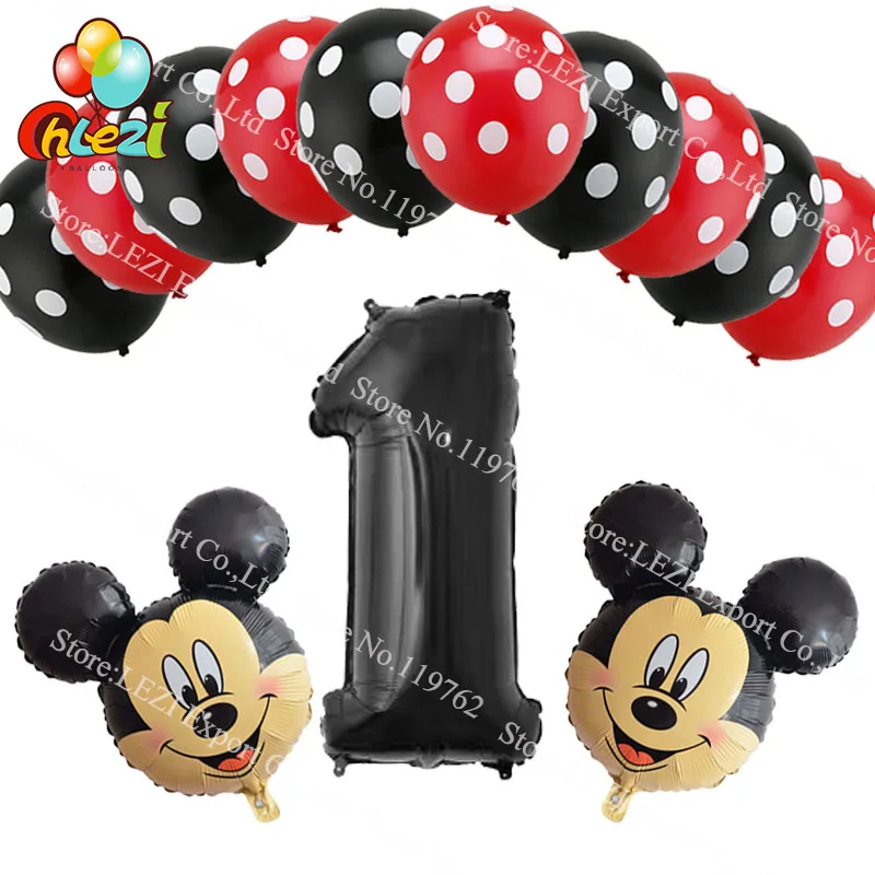 

13pcs Black Number 1 2 3 year Birthday Balloons Party top grade digital Decor Dot latex Minnie Mickey Foil balloon Baby shower