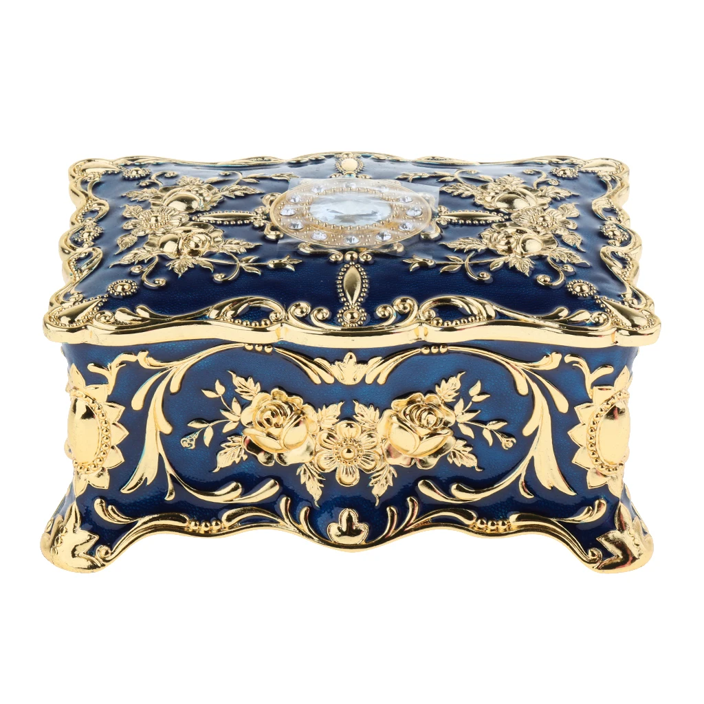 2-Layer Blue Large Vintage Metal Trinket Jewelry Boxes Gift Storage Organizer Gift for Girls Teens Women