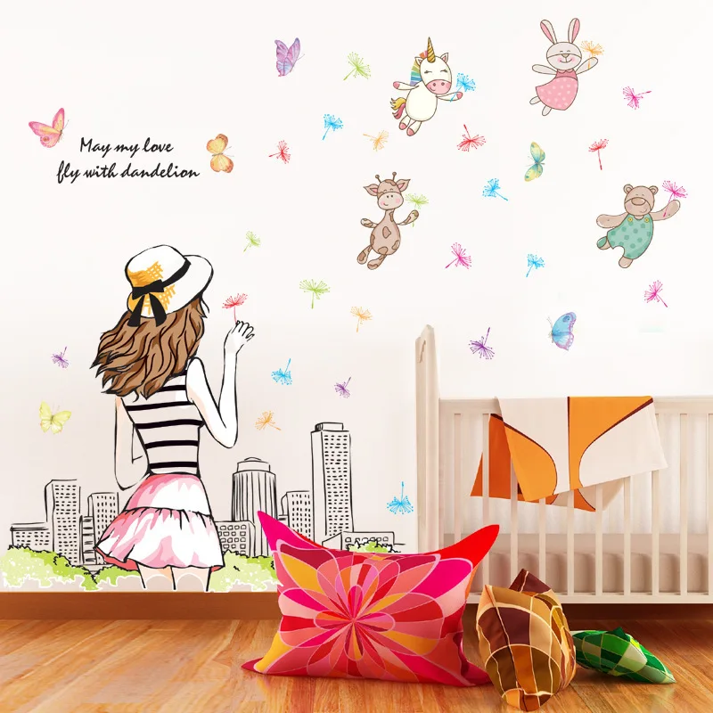 Красивые Одуванчик Девушка мультфильм животные бабочка наклейки на стену Молодежные Девушки Спальня Декор гостиной diy полупрозрачные обои