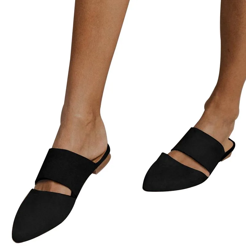 Универсальные тапочки-Босоножки; Летняя обувь с острым носком; женские модные шлепанцы без задника на плоской подошве; Chanclas Mujer; праздничные босоножки без задника - Цвет: Черный