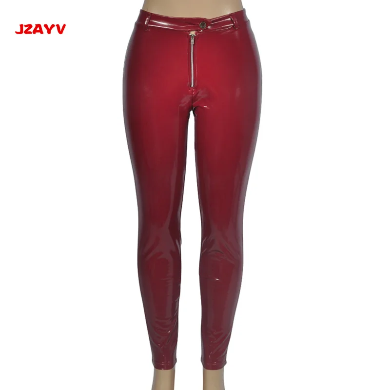 JZAYV 2019 красный/черный Новый искусственная кожа брюки для девочек для женщин Высокая талия тонкий карандаш мотобрюки узкие дизайн