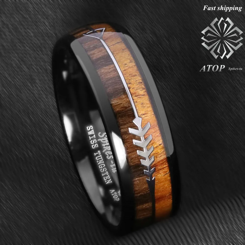 Billige 8mm Schwarz Dome Wolfram Ring 2 Stil Holz Pfeil Hochzeit Band OBEN AUF Männer Schmuck