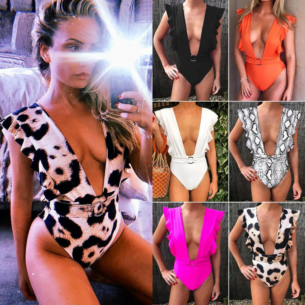 

Hirigin Sexy Deep V One Piece Swimsuit Women 2019 New Bathing Suit Swimwear Push Up Padded Ruffles Swim Wear Belt High Wasit Hot