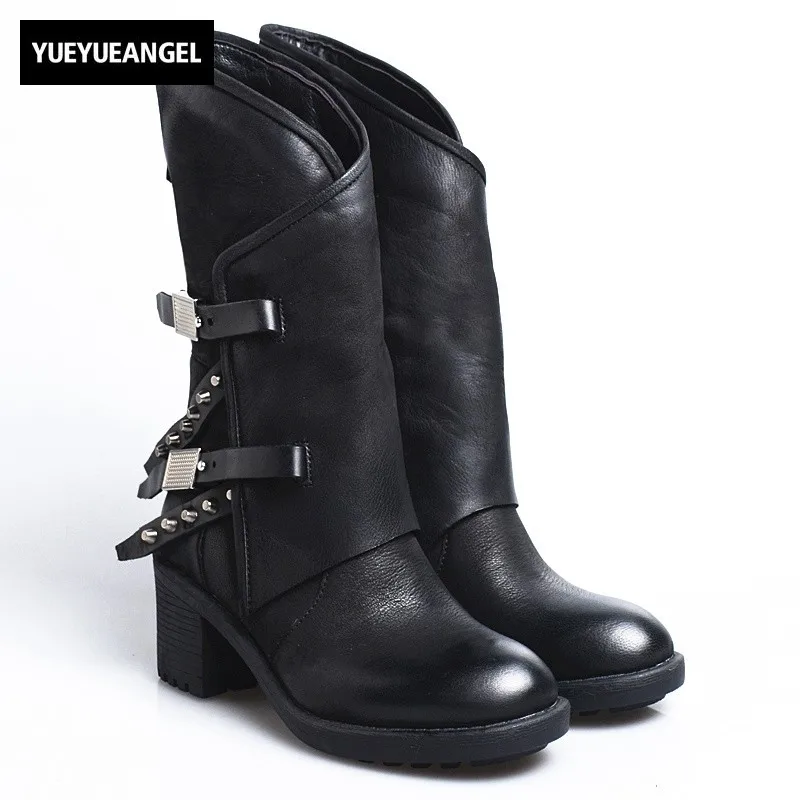 

2019 Winter Women Thick Heel Platform Rivet Vintage Casual Mid Calf Boots Women Street Punk Sheepskin Round Toe Knight Boots