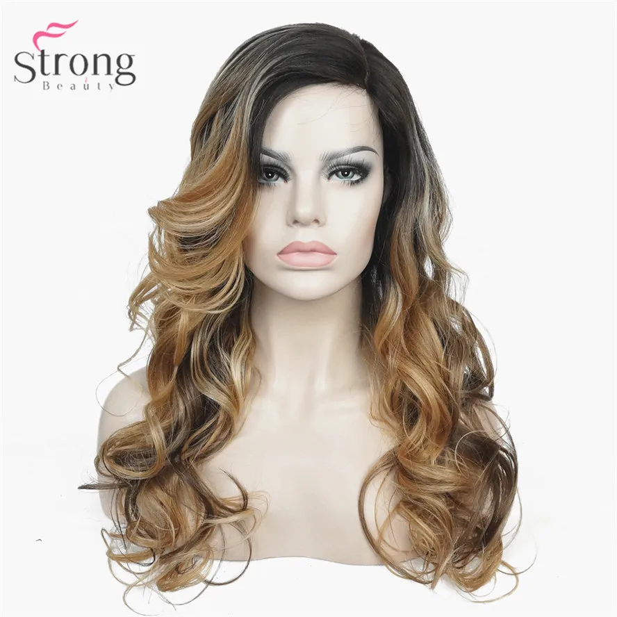 StrongBeauty парики на кружеве мононити боковая часть тепла ok Ombre коричневый/Блонд длинные вьющиеся волосы синтетический женский парик