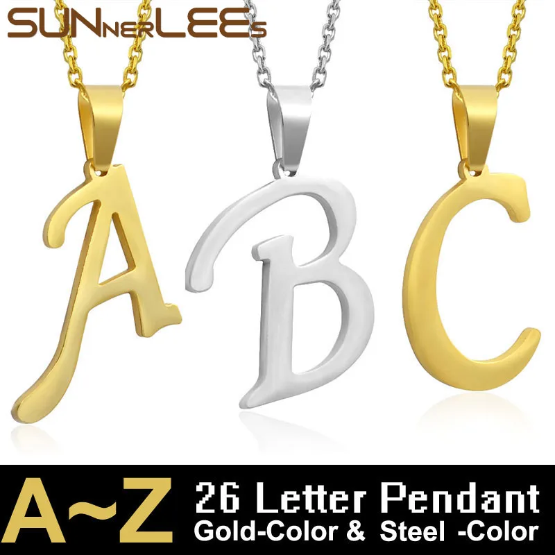 

SUNNERLEES Fashion Jewelry 26 Letter A~Z Steel/Gold Color Stainless Steel Pendant Optional Chain Necklaces For Mens Womens LP04