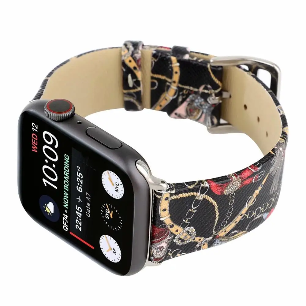 Цепь узор кожаный ремешок для наручных часов Apple Watch Series 5 4 44/40 мм кожаный браслет ремешок спортивный бесшовный для наручных часов iwatch серии, версия 1, 2, 3, ремешок 42/38 мм