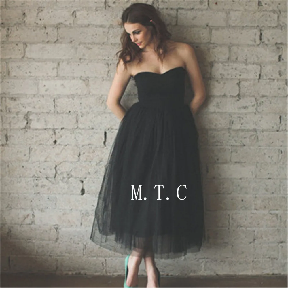 

2019 Short Black Tulle Prom Dresses Strapless A Line Ankle Length Cheap Evening Gown High Quality Women Wedding Party Dress