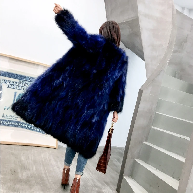 

100 cm Sapphire Blue Green Black Fox Raccoon fur coat outwear Long Fur coats Garment Plus Overcoat Outwear Plus Size 7XL DCHD