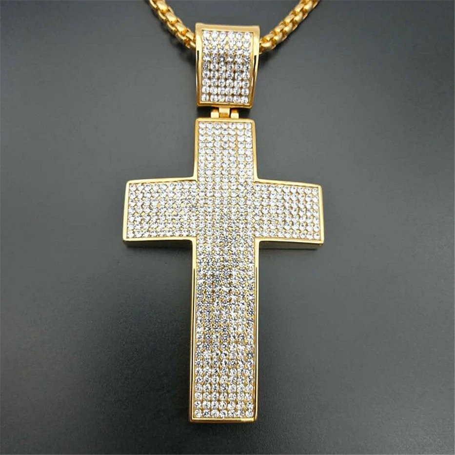 

Hip Hop Iced Out Big Cross Necklace Pendant With Stainless Steel Chian And Gold Color Christian Necklace Religious Jewelry