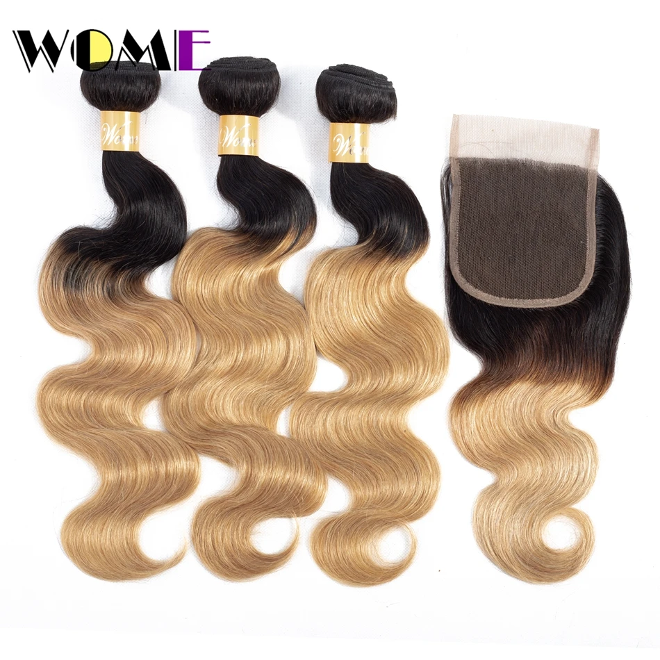 

Wome Hair Pre-Colored Ombre Body Wave 3 Bundles With Closure Peruvian Human Hair Blonde Bundles With Closure 1b/27 Non Remy Hair