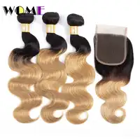 WomeผมPre-สีO Mbreร่างกายคลื่น3การรวมกลุ่มด้วยการปิดเปรูมนุษย์ผมสีบลอนด์รวมกลุ่มกับการปิด1b/27ไม่ใช่เรมี่ผม