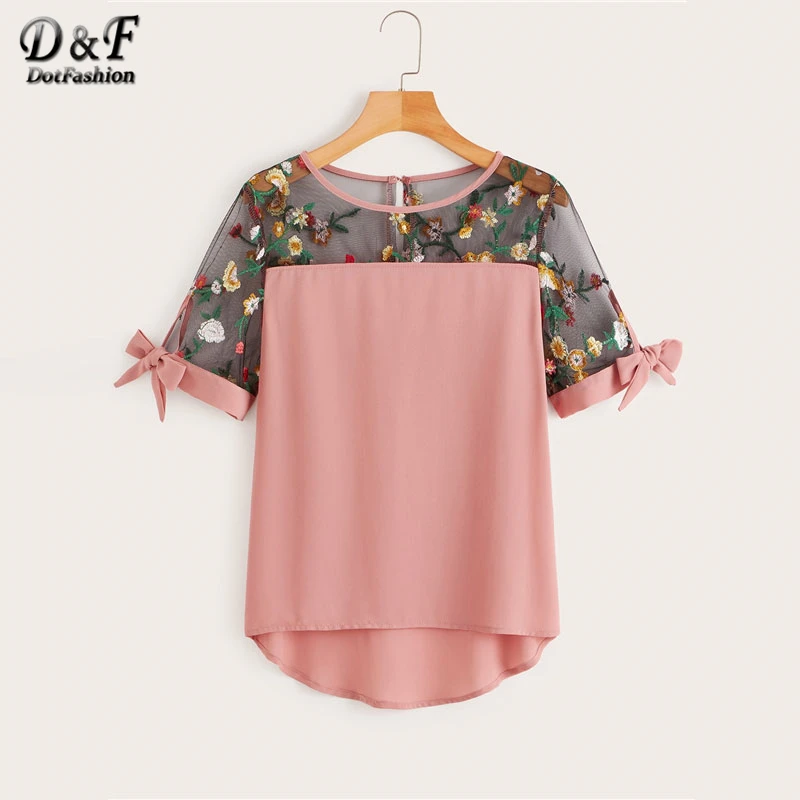 Billig Dotfashion Plus Kontrast Mesh Floral Gestickte Bluse 2019 Sommer Boho Knoten Frauen Tops Und Blusen Damen Kurzarm Tops