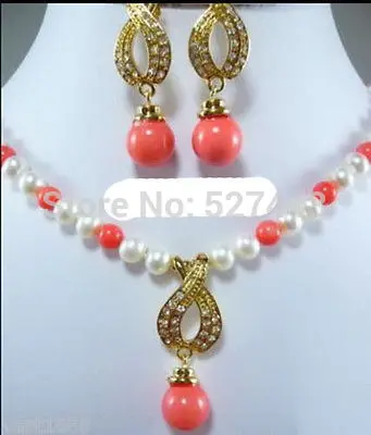 

Wholesale Genuine White Pearl Pink Coral 18KGP Crystal Pendant necklace earring (A0423) -Bride jewelry free shipping