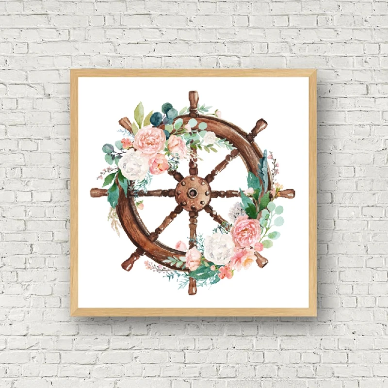 Watercolor Anchor And Steering Wheel Nordic Style Canvas Print Pictures Decor 