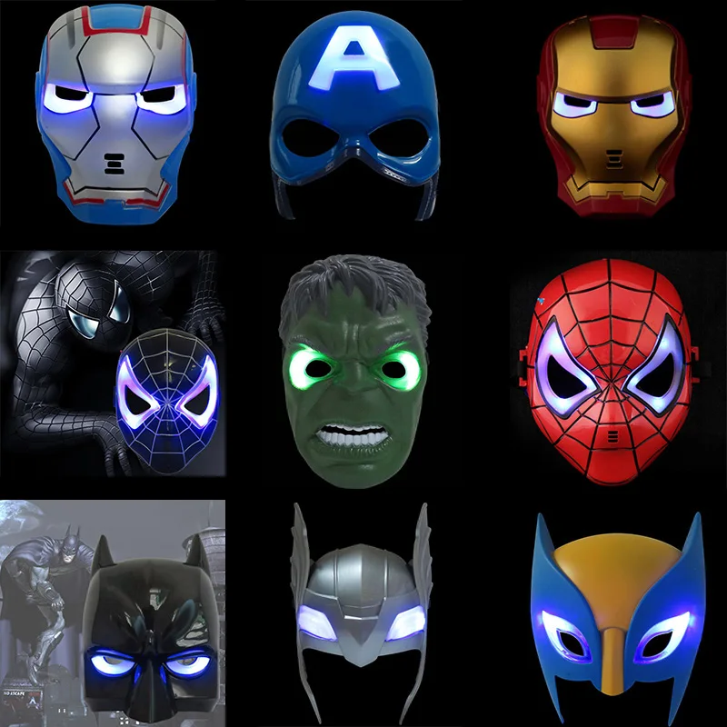 

2019 New LED Glowing Super Hero Mask The Spiderman Captain America Iron Man Hulk Batman Party Cosplay Halloween Mask Toy Drop