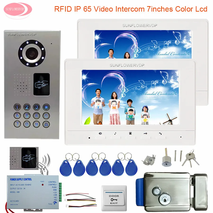 

7'' Home Intercom 2 Monitors Video Door Phone Intercom System Outdoor Video Camera IP65 Waterproof Rfid Electronic Control Lock