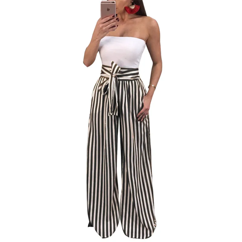 

2019 Top Fashion Summer Wide Leg Pants Women Tether High Waist Striped Loose Palazzo Pants Elegant Office Ladies Trousers