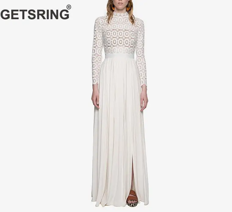 

GETSRING Woman Dresses Lace Stitching Hollow Turtleneck Chiffon Stitching Vintage Dress White Pink Plus Size Party Dresses 2019