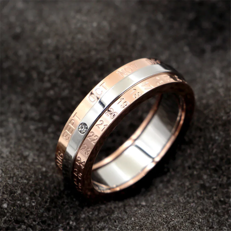 

Martick Classic Design Rotation Calendar and Date Ring Titanium Steel Rose Color Middle Silver Brand Ring Woman Jewelry