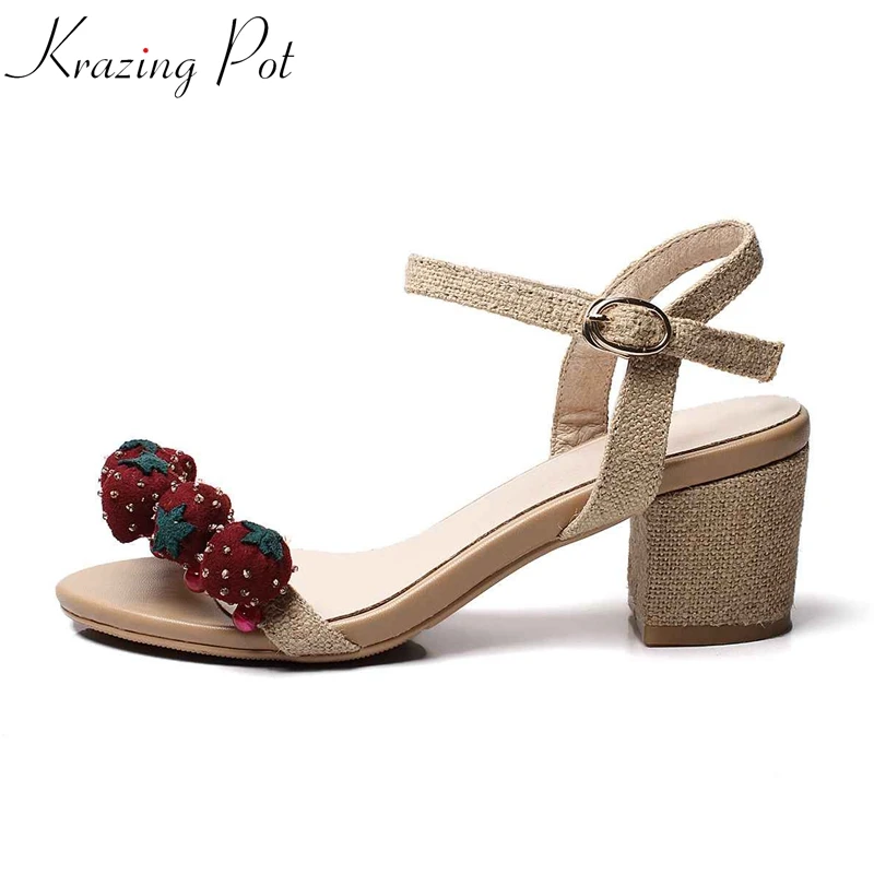 

krazing pot new arrival summer cherry decoration hemp buckle straps women med heel peep toe summer vacation beach sandals L10