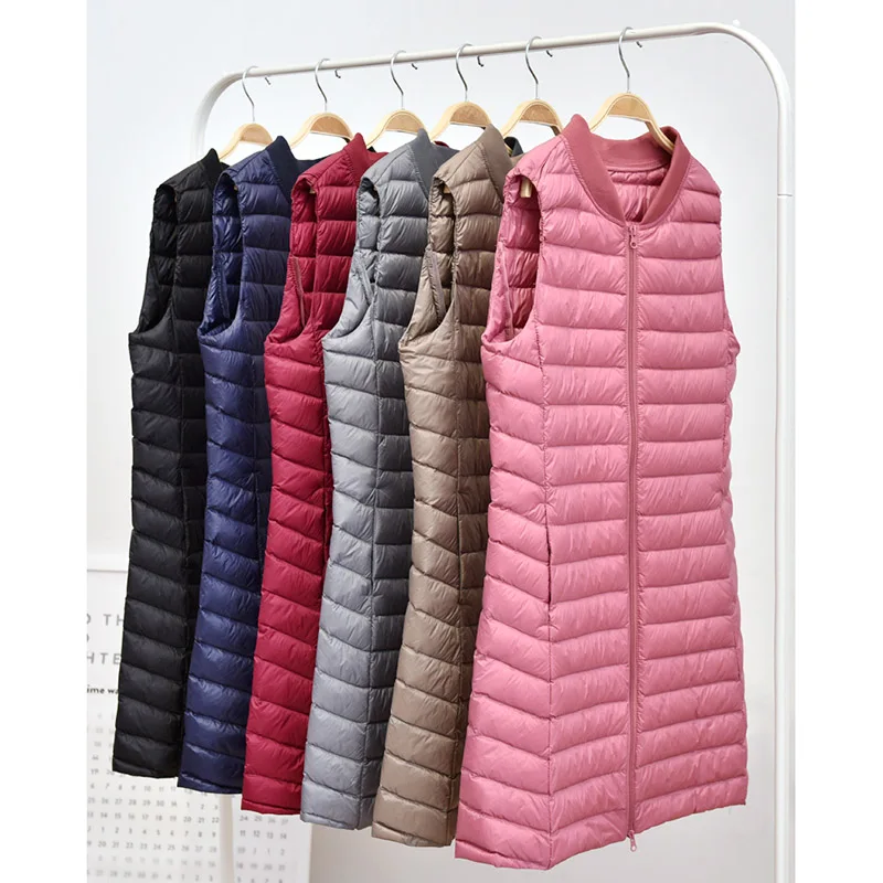 

Navy Blue Schinteon Women Ultra Light Down Vest Casual Baseball Long Slim Waistcoat Autumn Winter Bottoming Gilet New Arrival