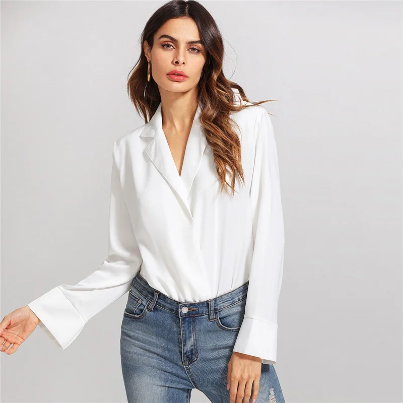 Women's Sexy V-Neck Long Sleeve Turn Down Collar Blouse Bodysuit Tops image 4