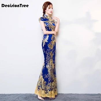 

2020 Chinese Traditional Dress Women's Slim Cheongsam Embroidery Sequins Modern Oriental Long Qipao Evening Dresses