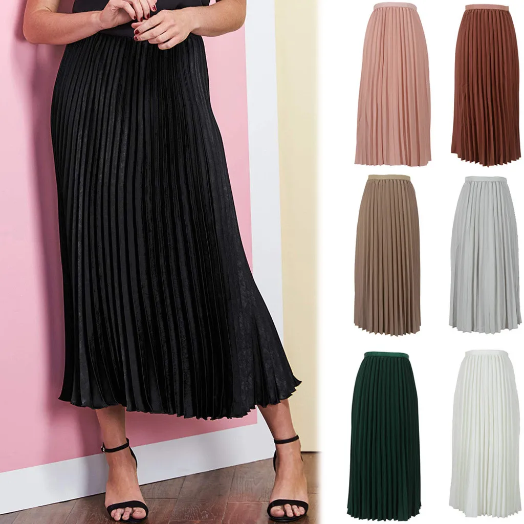 

Fashsiualy women clothes 2019 summer skirts Elastic High Waist Pleated Skirt Chiffon Black Long Maxi Skirt Female Elegant Skirts