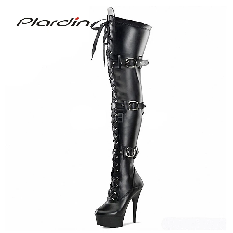 

Plardin Plus Size 35-46 PU Sexy Narrow Band Cross-tied 15CM High Heels 5CM Platform Buckle knee-high Nightclub Dance Party Boots