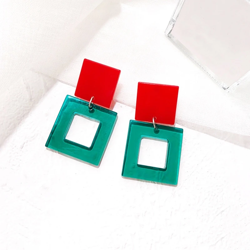 Hollow Geometric Round Square Long Dangle Earrings Pink Yellow White Green Acrylic Big Drop Earrings For Women Jewelry Gift