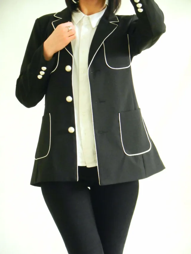Autumn Leisure Golden Button Black White Edge Fasten Strip Women Office Lady Female High End Suit Jacket