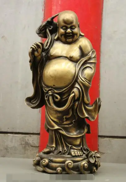 

S03062 23" China Pure Bronze Buddhist Happy Laugh Maitrey Buddha Stand Money Bag Statue (A0321)
