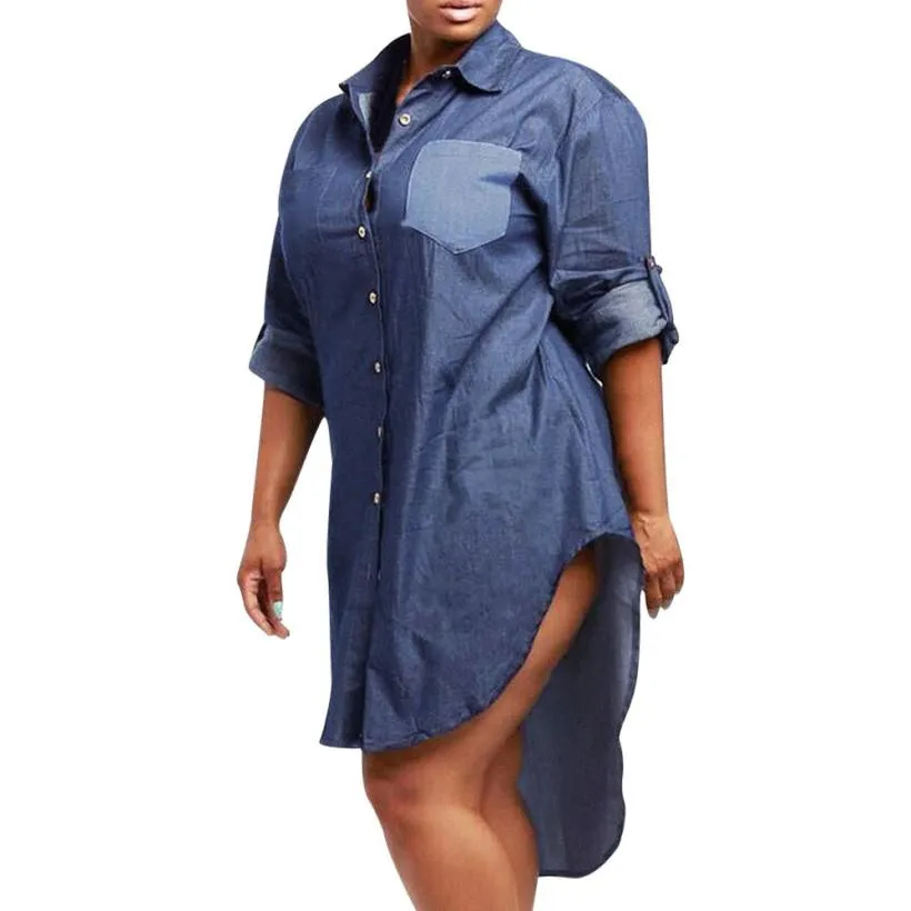 

Plus Size Denim JeansDress Women Asymmetrical Long Sleeve Button Mini Irregularities Dress Turn Down Collar Pocket Dresses#24