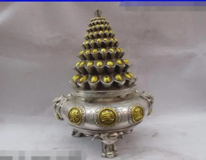 

14" Chinese White copper silver Lucky wealth YuanBao Elephant Ear Treasure bowl