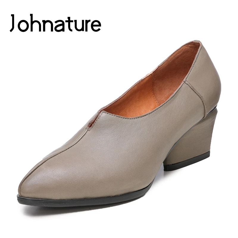 

Johnature 2019 New Spring/Autumn Genuine Leather Round Toe Casual Strange Style Retro Shallow Slip-on Women Shoes Pumps