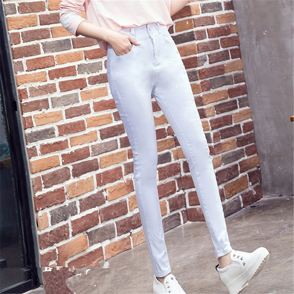 Джинсы с высокой талией женские новые модные хлопковые яркие цвета эластичные женские джинсы Mujer jean femme denim spodnie damskie - Цвет: Белый