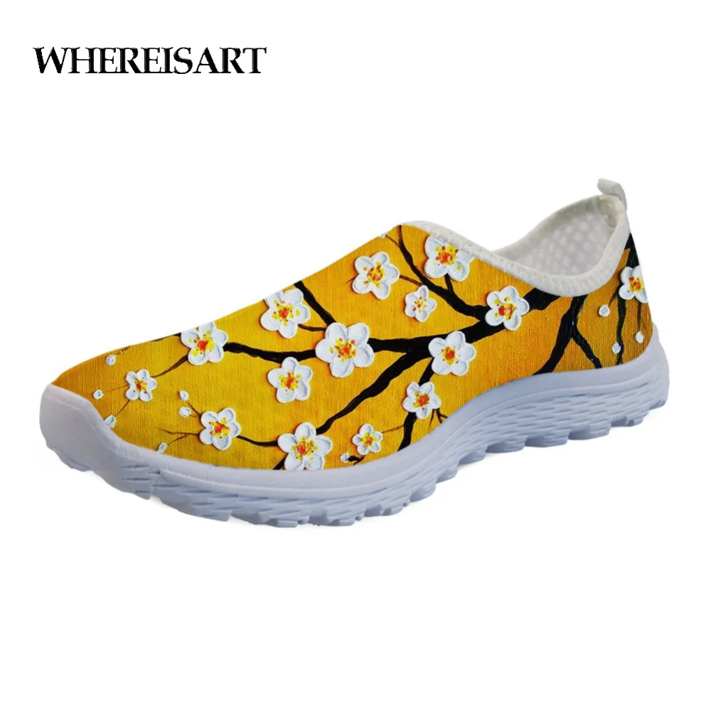 

WHEREISART 3D Cherry Blossoms Printing Flats Women Shoes Leisure Air Mesh Super Light Ladies Sneakers Slip-on Summer Shoes 2019