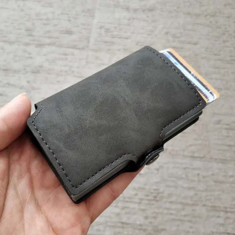 RFID Блокировка винтажный автоматический кожаный кредитный держатель для карт мужской металлический алюминиевый сплав Бизнес ID визитница тонкий кошелек - Цвет: grey