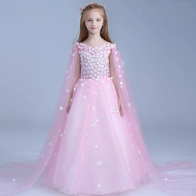 

New Luxury Flower Girl Dress Birthday Wedding Dresses Long Princess Dress Appliques Girls Dresses For Evening Party AA221